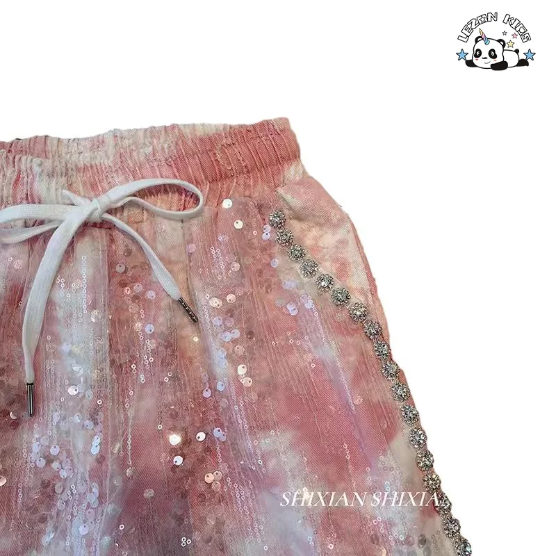 LEZONKIDS - Shorts curtos customizados com tingimento e lantejoulas em malha, estilo A-line para meninas, com cristais de ferro